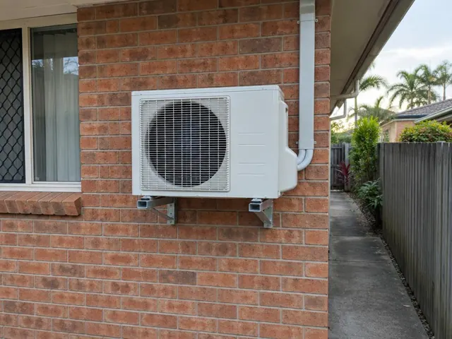 Outdoor air conditioner unit on wall brackets beside a brick house and side path in Bundall